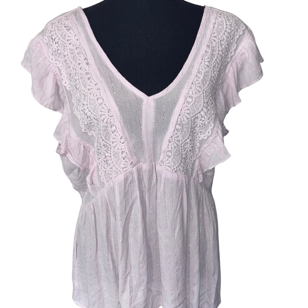 NWT Maurices Women Large Pink Boho Lace Ruffle Metallic Peplum Top Cottagecore